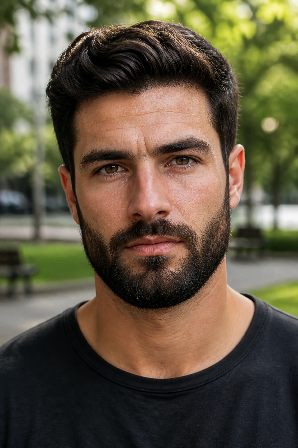 Close-up of a man with a medium boxed beard and square outline