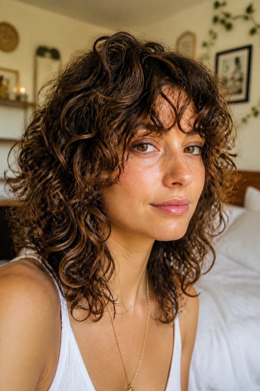 Close-up of real person with medium-length curly shag showing curl pattern and layered movement