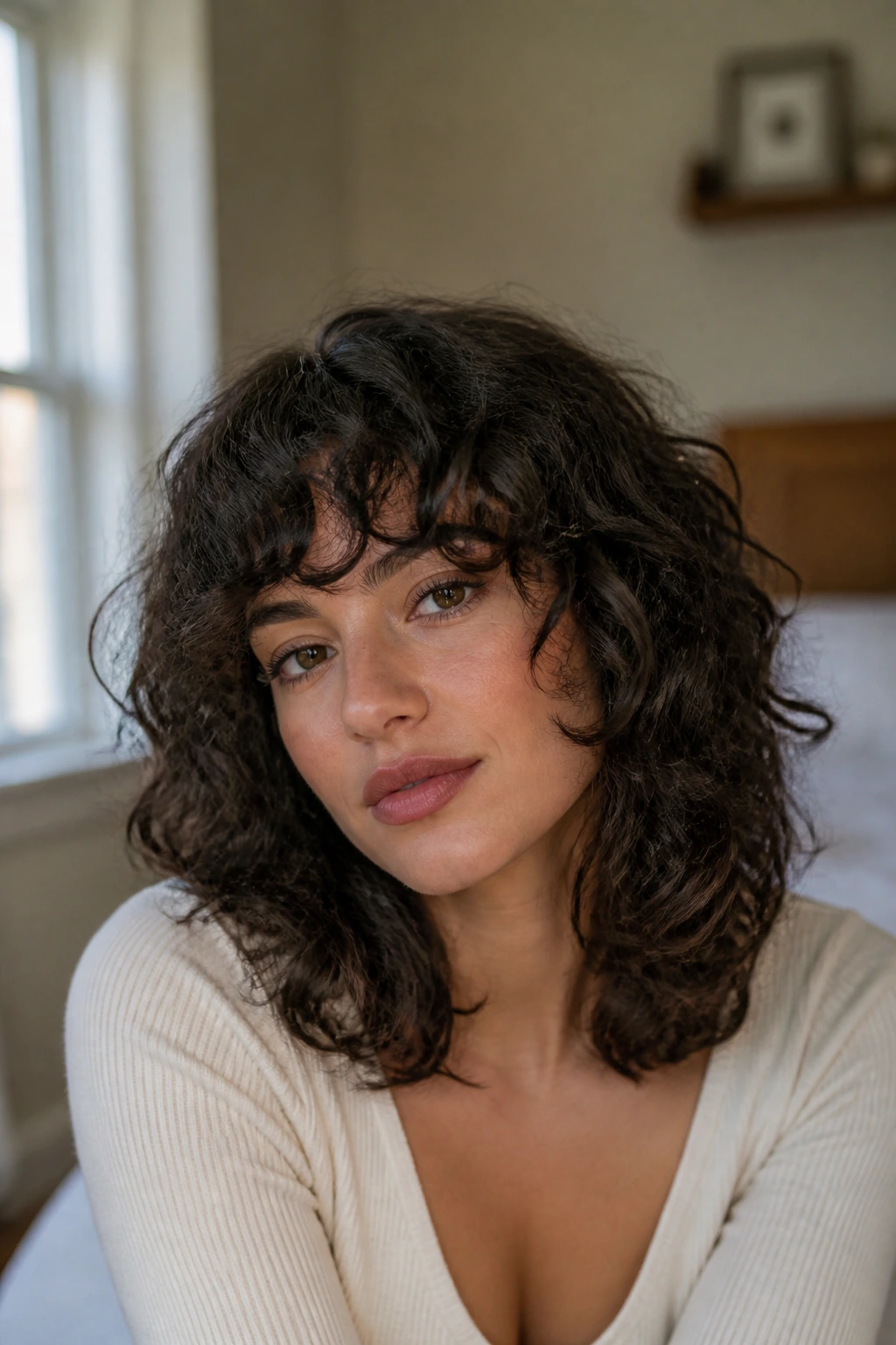 Close-up of a real woman with medium-length curly hair and bangs showing the pairing.
