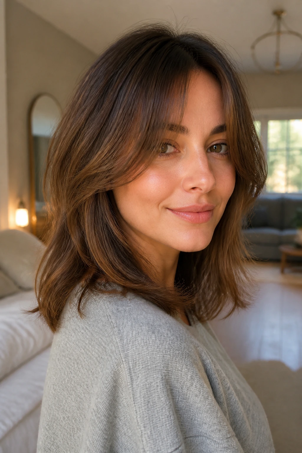 Close-up of a real woman with a medium cut and long curtain fringe blending into the hairstyle