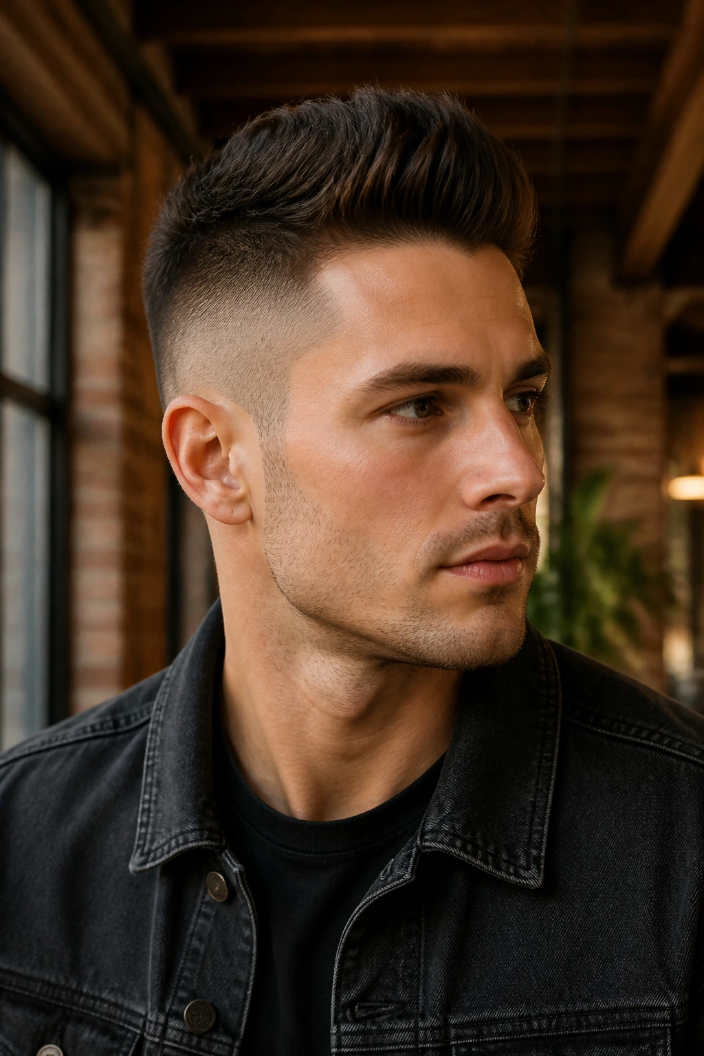 Close-up portrait of a real person with a medium faux hawk undercut