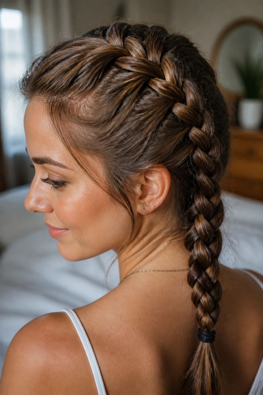 Close-up of a real woman with medium-length hair in a neat single braid