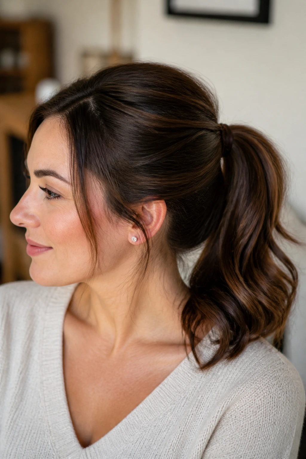 Close-up of a real woman showing a medium-length ponytail with good hold