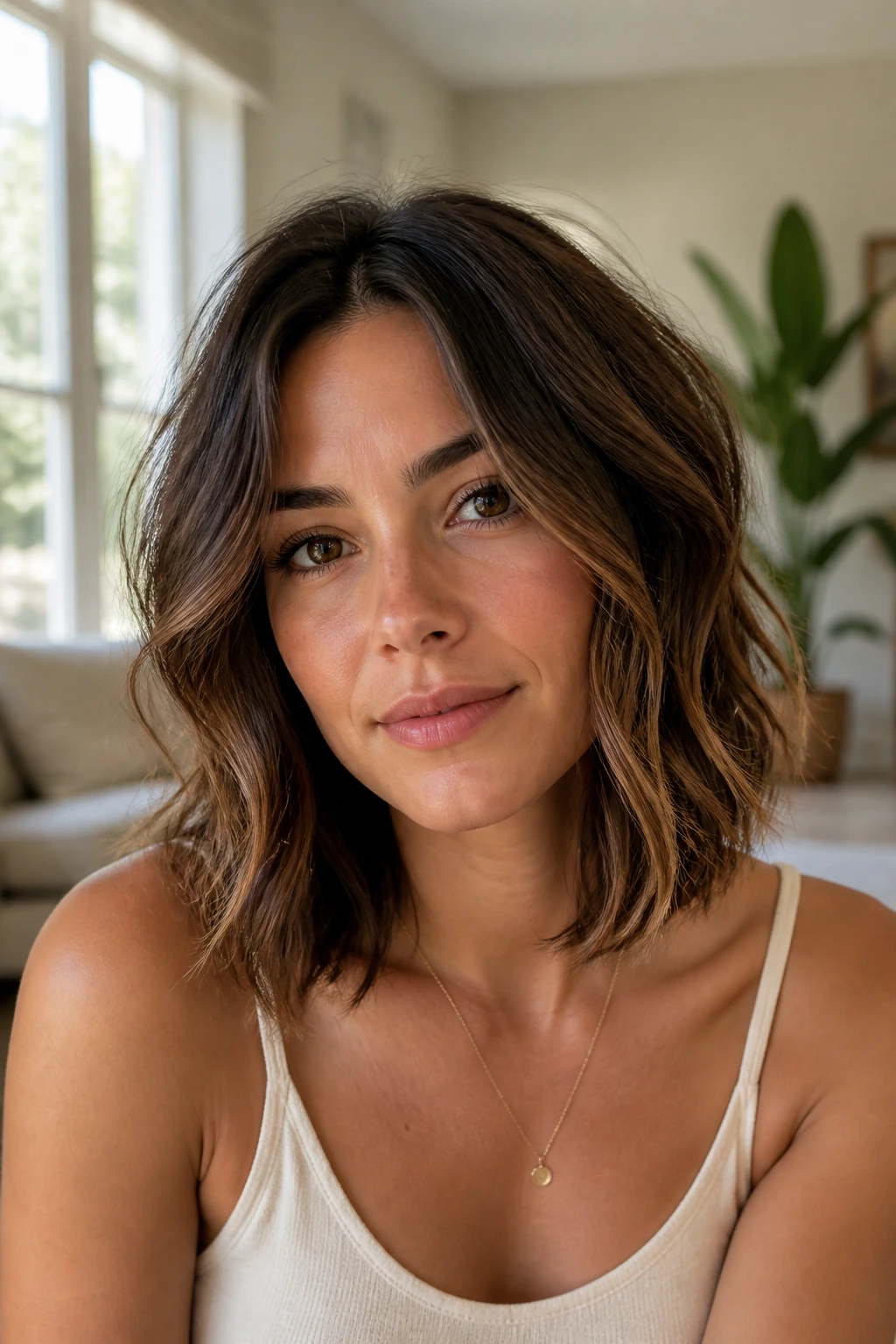 Close-up portrait of a real woman with medium-length hair styled for summer in a light, breathable look.