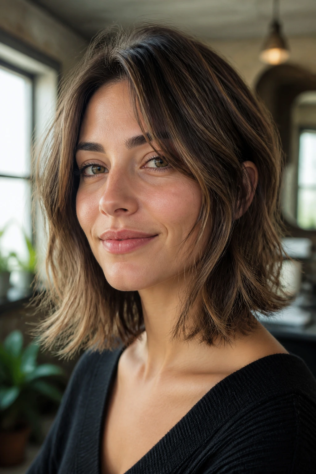 Close-up of a real person with medium-length hair showing movement and texture in natural window light
