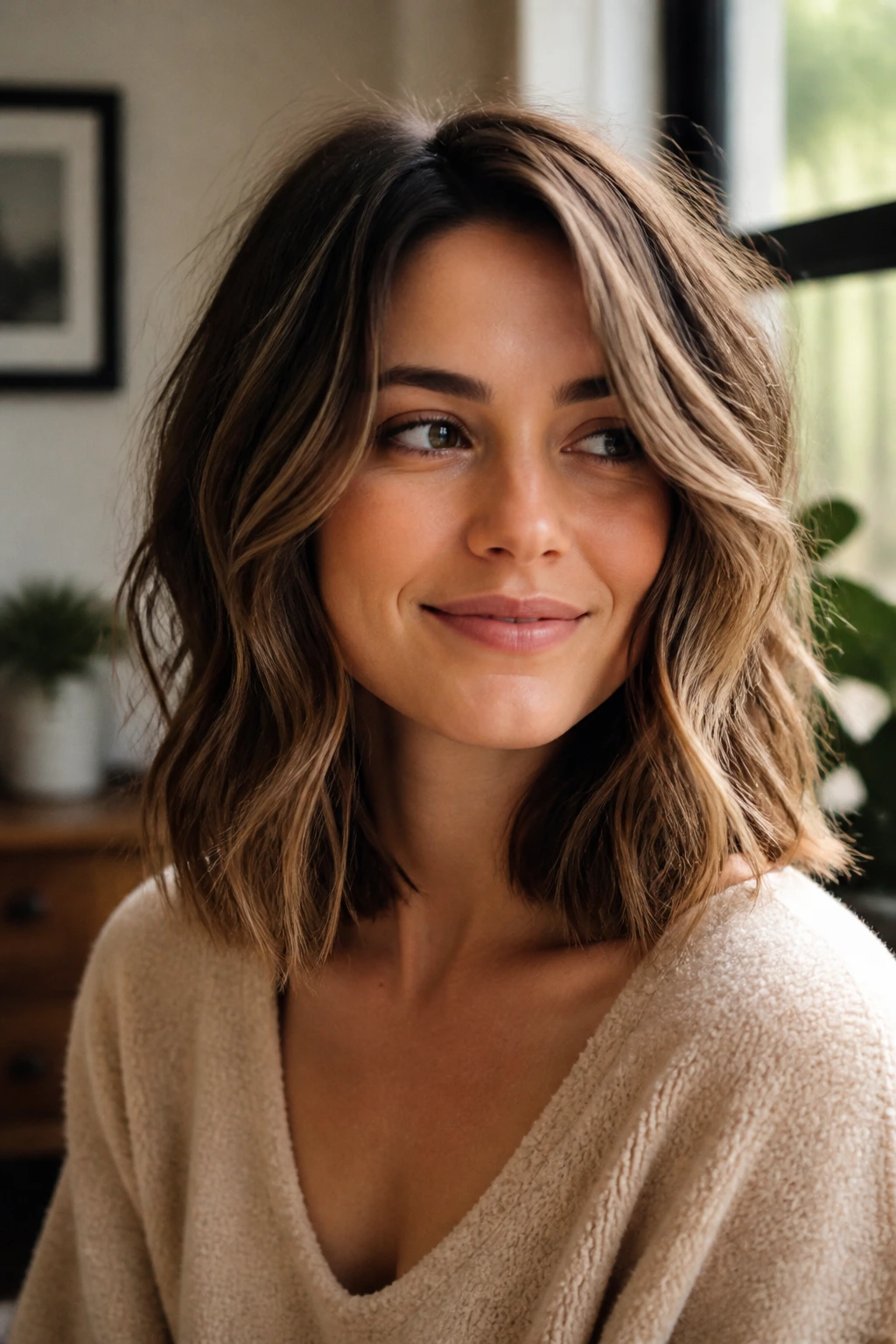 Woman with medium-length tousled waves in natural light
