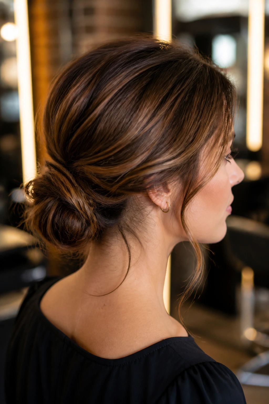 Close-up portrait of a woman with a neat medium-length updo in a salon