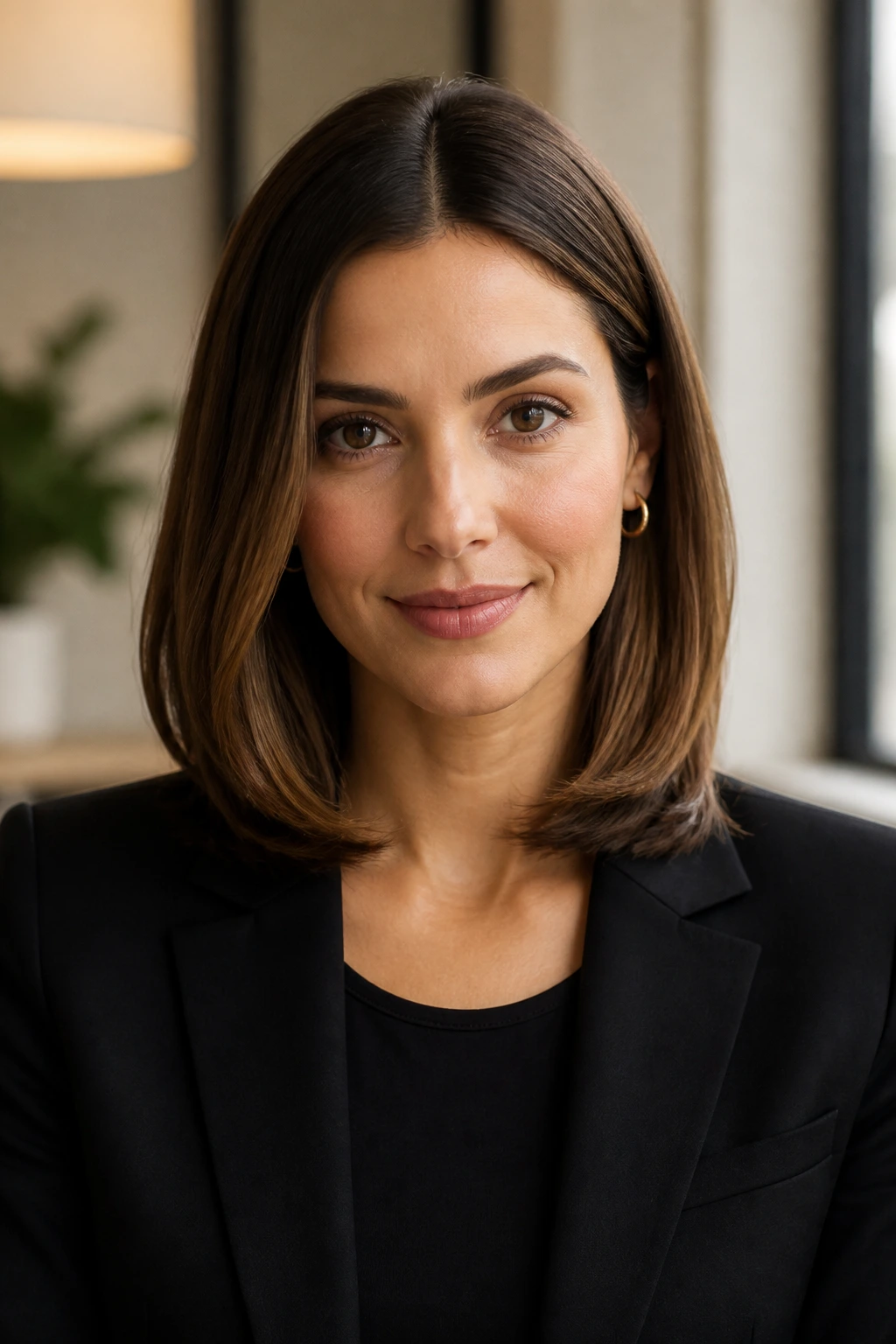 Portrait of a woman with a sleek, office-ready medium-length cut