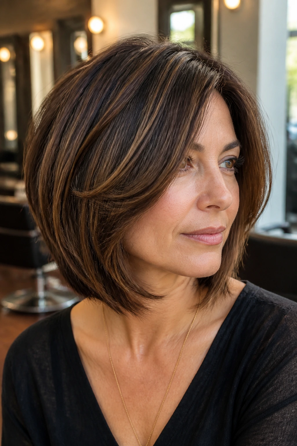 Portrait of a person with a medium layered bob showing face-framing layers