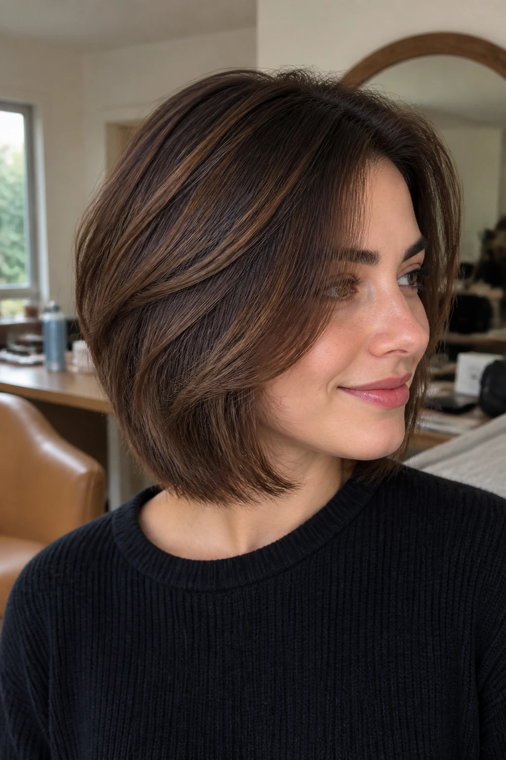 Real person with thick hair showing a medium layered bob hairstyle