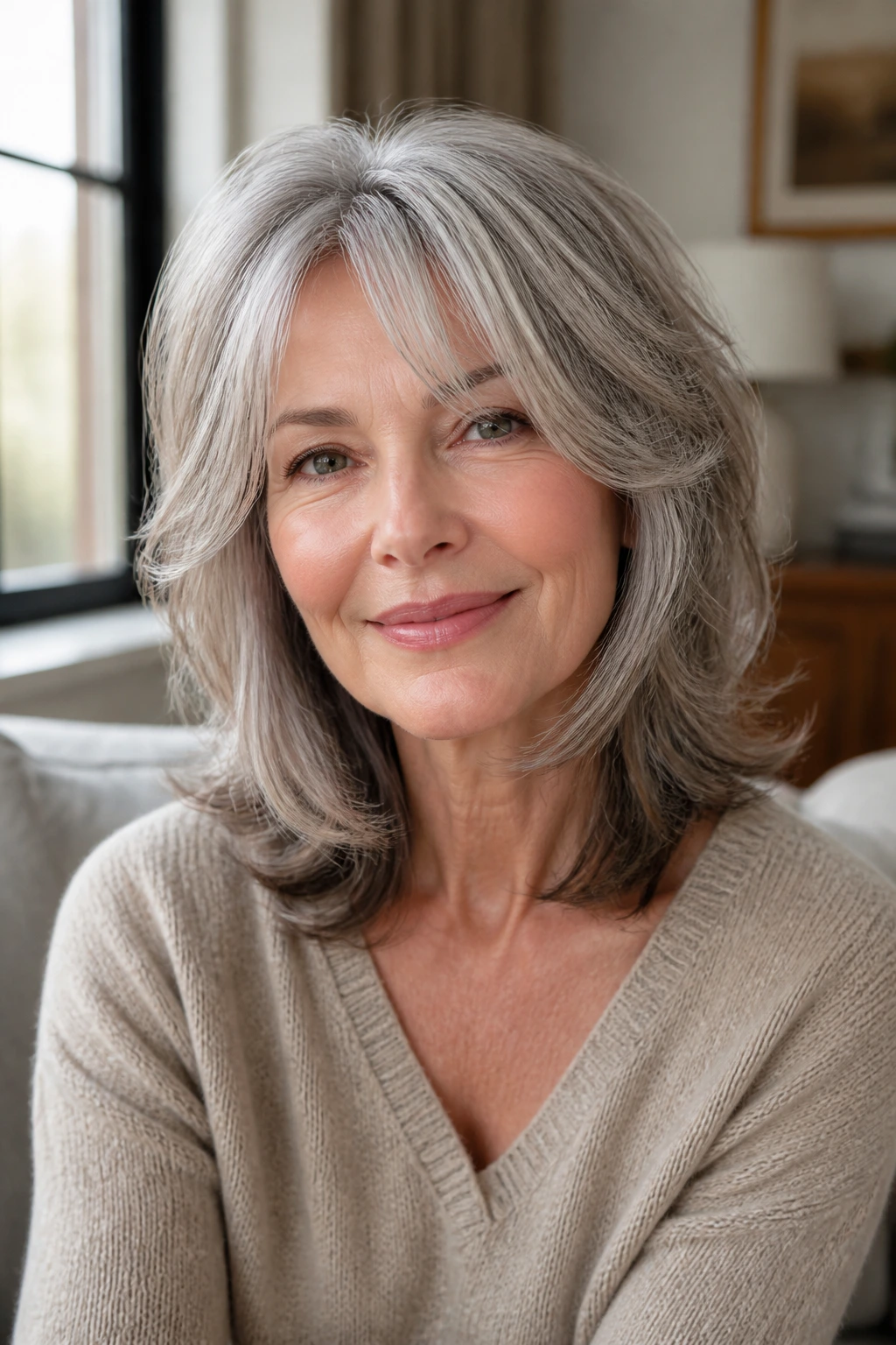 Close-up portrait of an older woman with a medium layered haircut showing face-framing layers