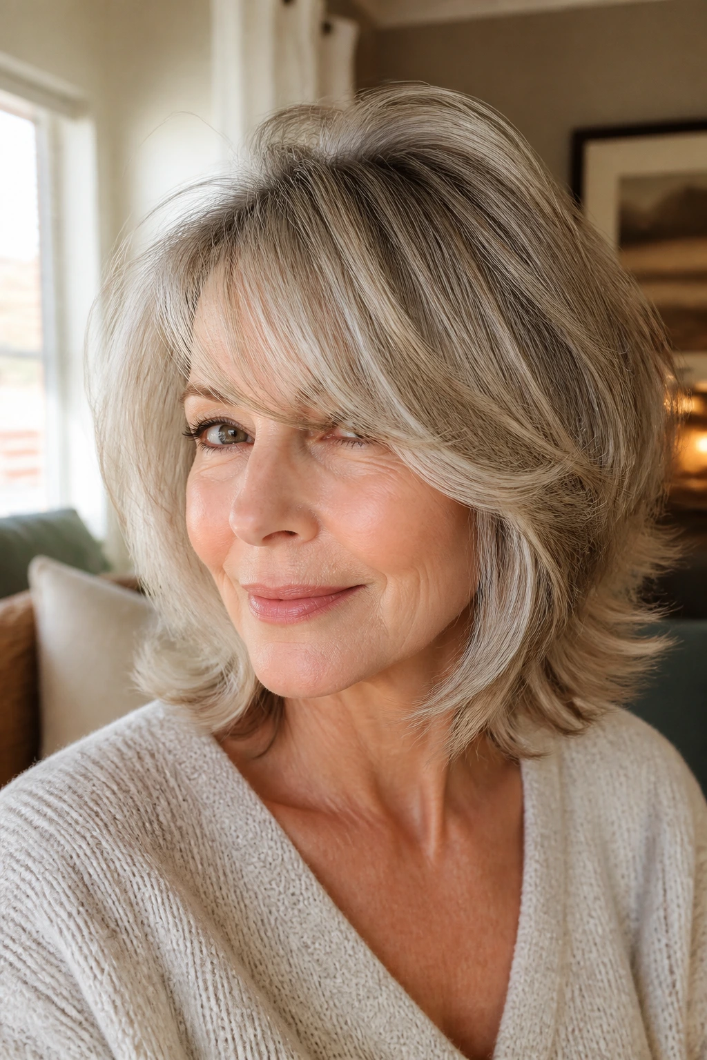 Close-up of a woman with medium layers showing crown lift