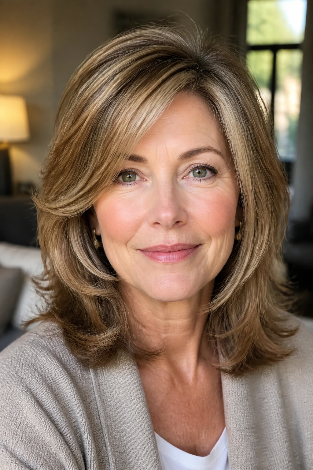 Portrait highlighting medium-length layered hair giving crown lift vs one-length cut.
