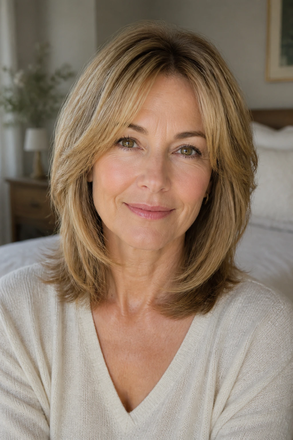 Close-up of a real woman with shoulder-length hair and soft face-framing medium layers in natural light