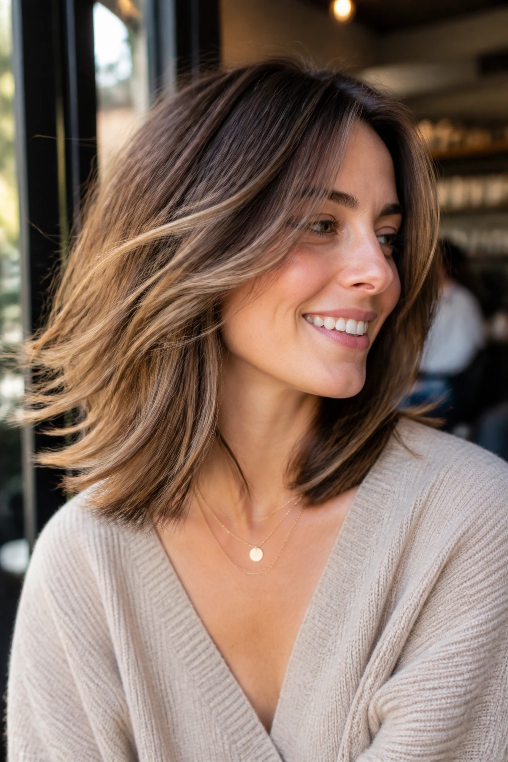 Real woman with medium-length layered hair showing face-framing swing