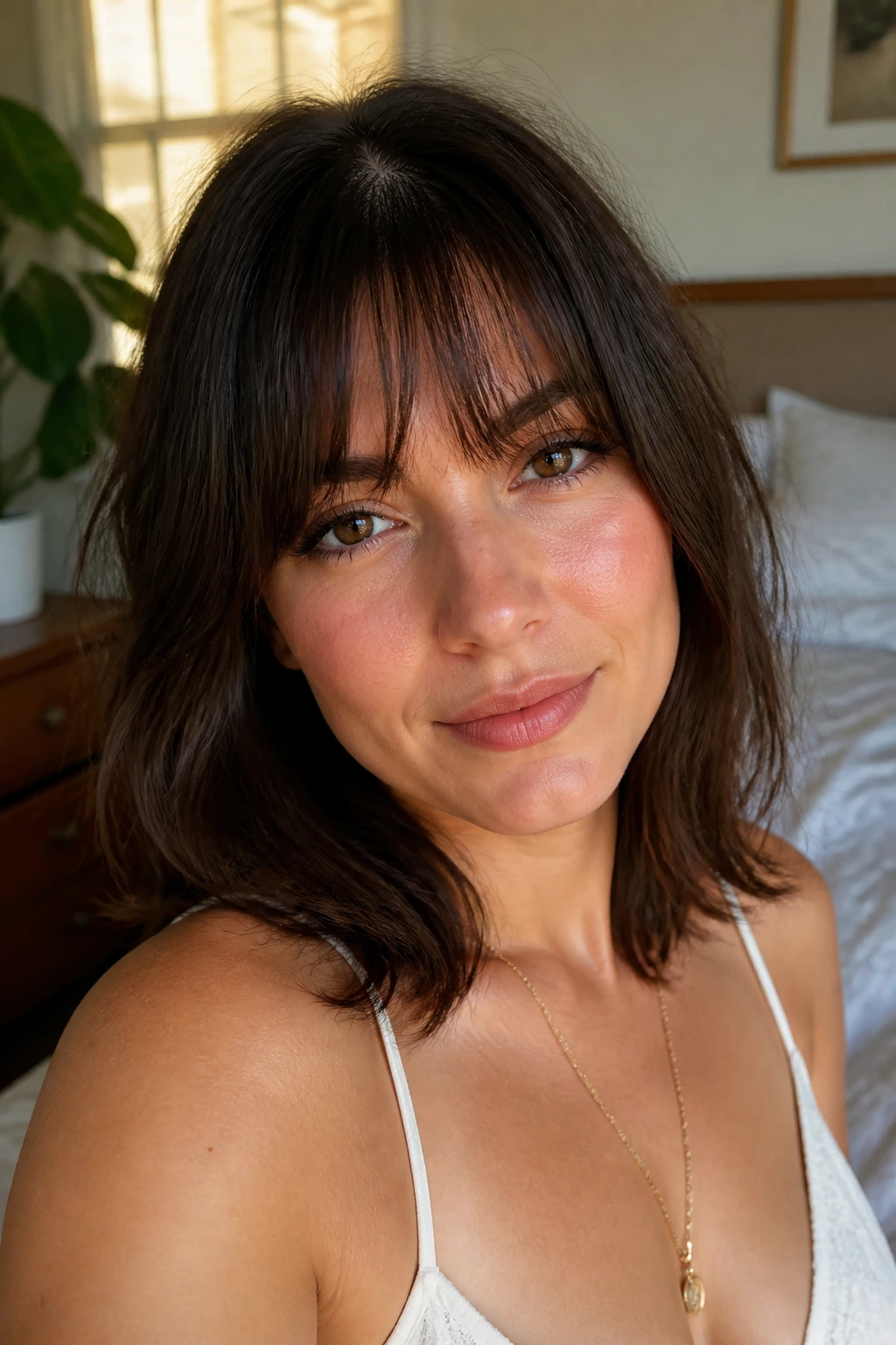 Close-up portrait of a real woman with medium-length hair and bangs framing the eyes in warm bedroom light