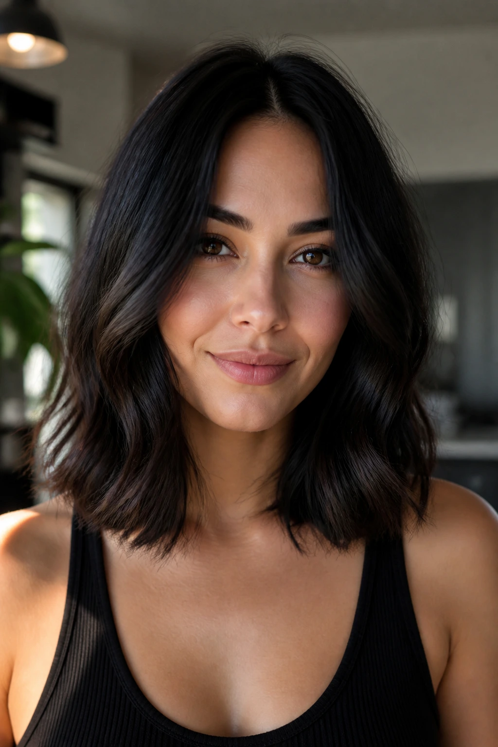 Close-up of medium-length black hair showing color depth and shine.