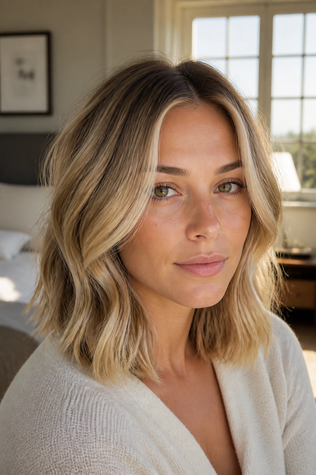 Close-up portrait of a real woman with shoulder-grazing blonde hair in soft window light.