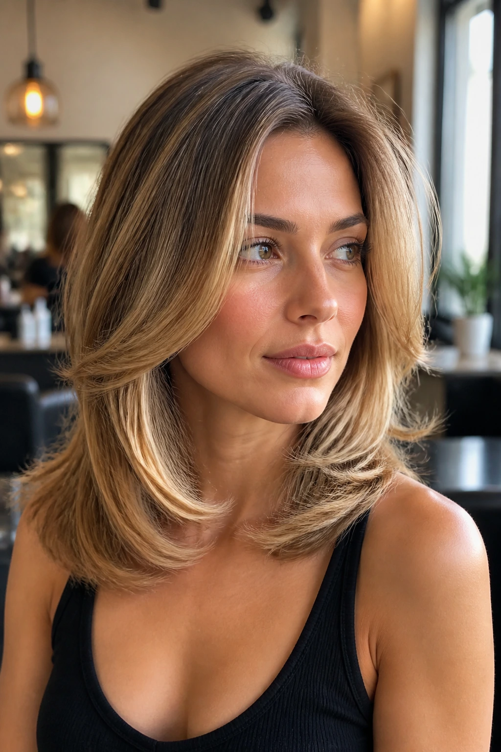 Portrait of a person with a medium-length blowout showing weight and shape.