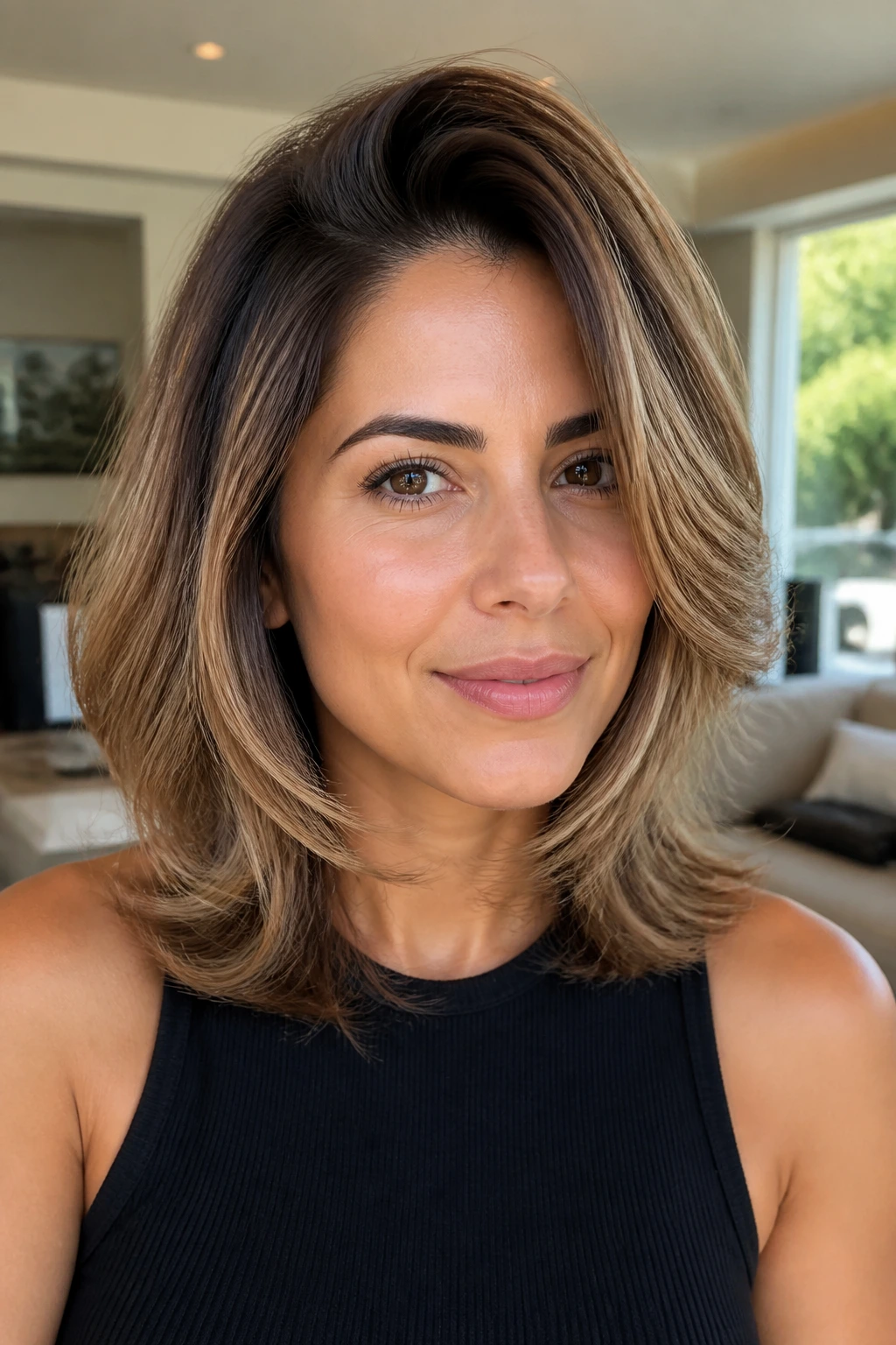 Close-up of a real woman with a medium-length blowout and subtle movement in a cozy living room.