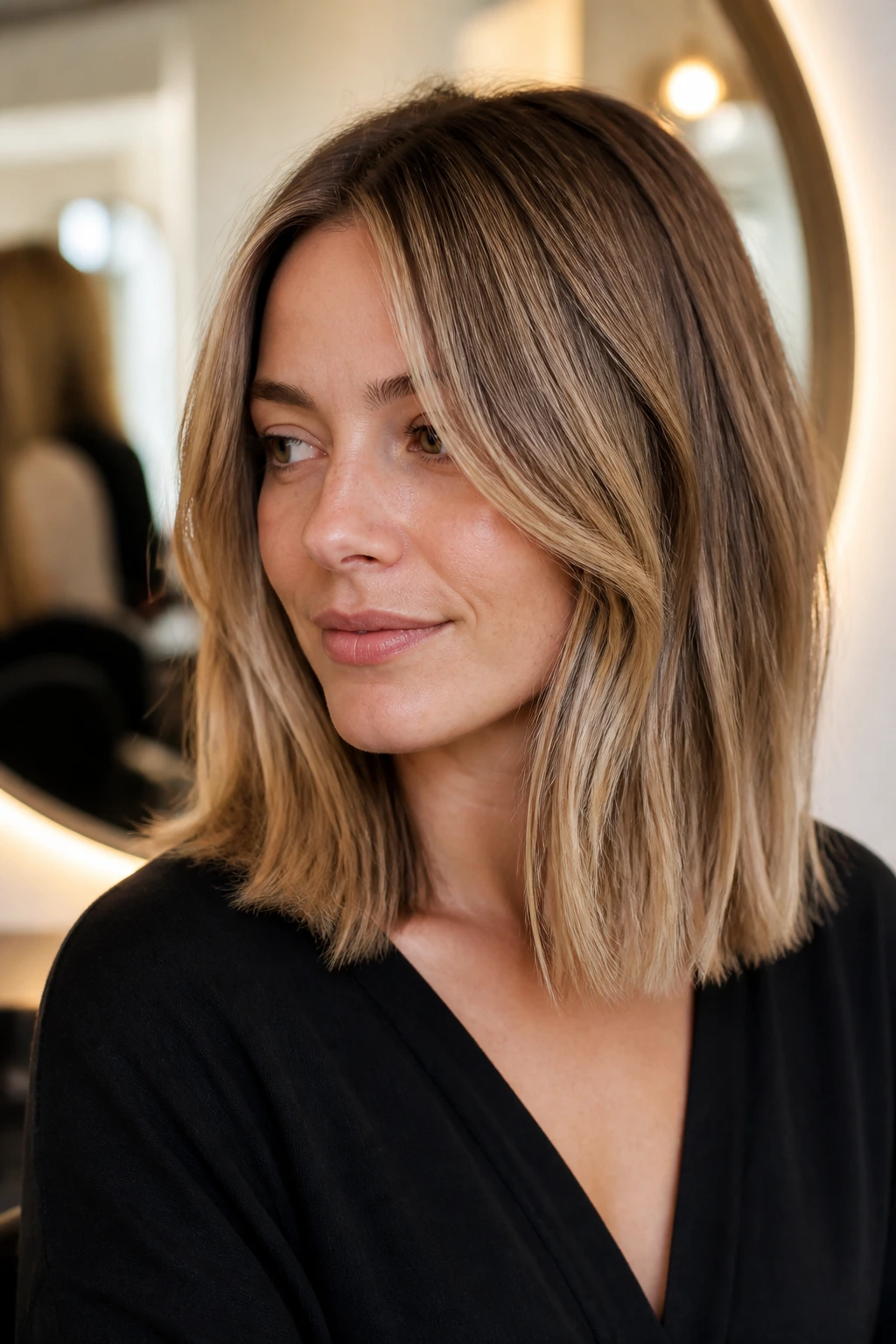 Close-up portrait showing collarbone-length blunt ends on fine hair.
