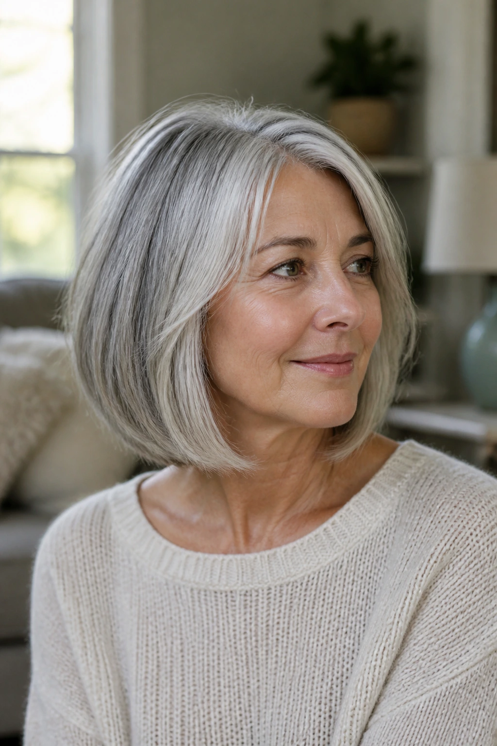 Close-up portrait of an older woman with a medium-length bob and silver-gray hair