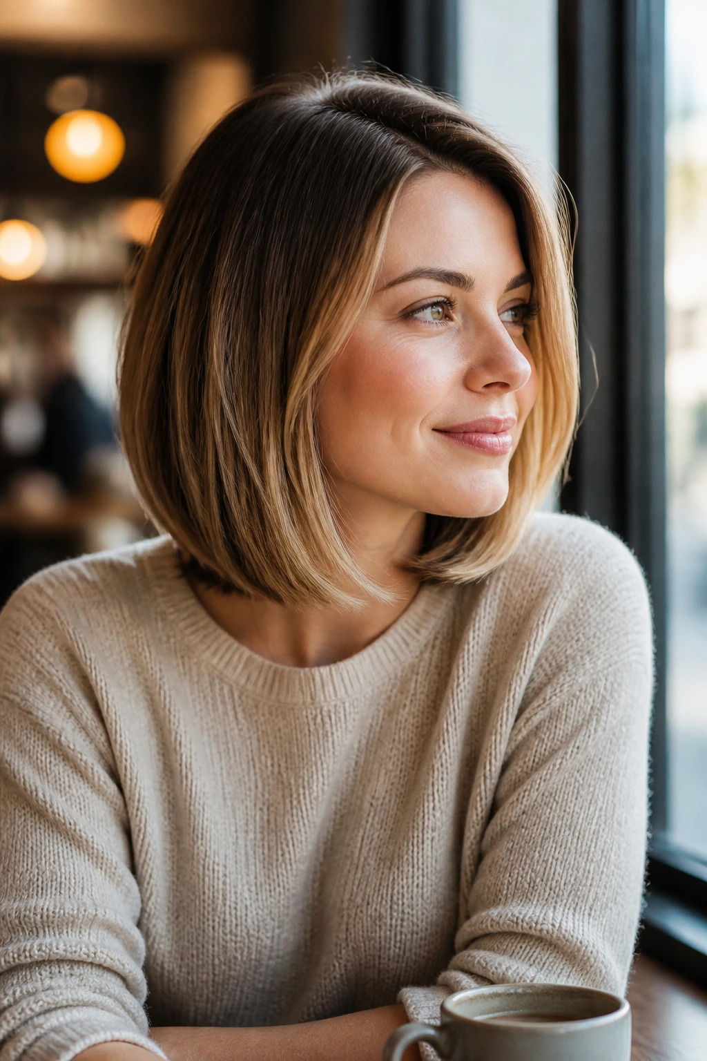 Portrait of a woman with a shoulder-skimming medium-length bob in a cafe