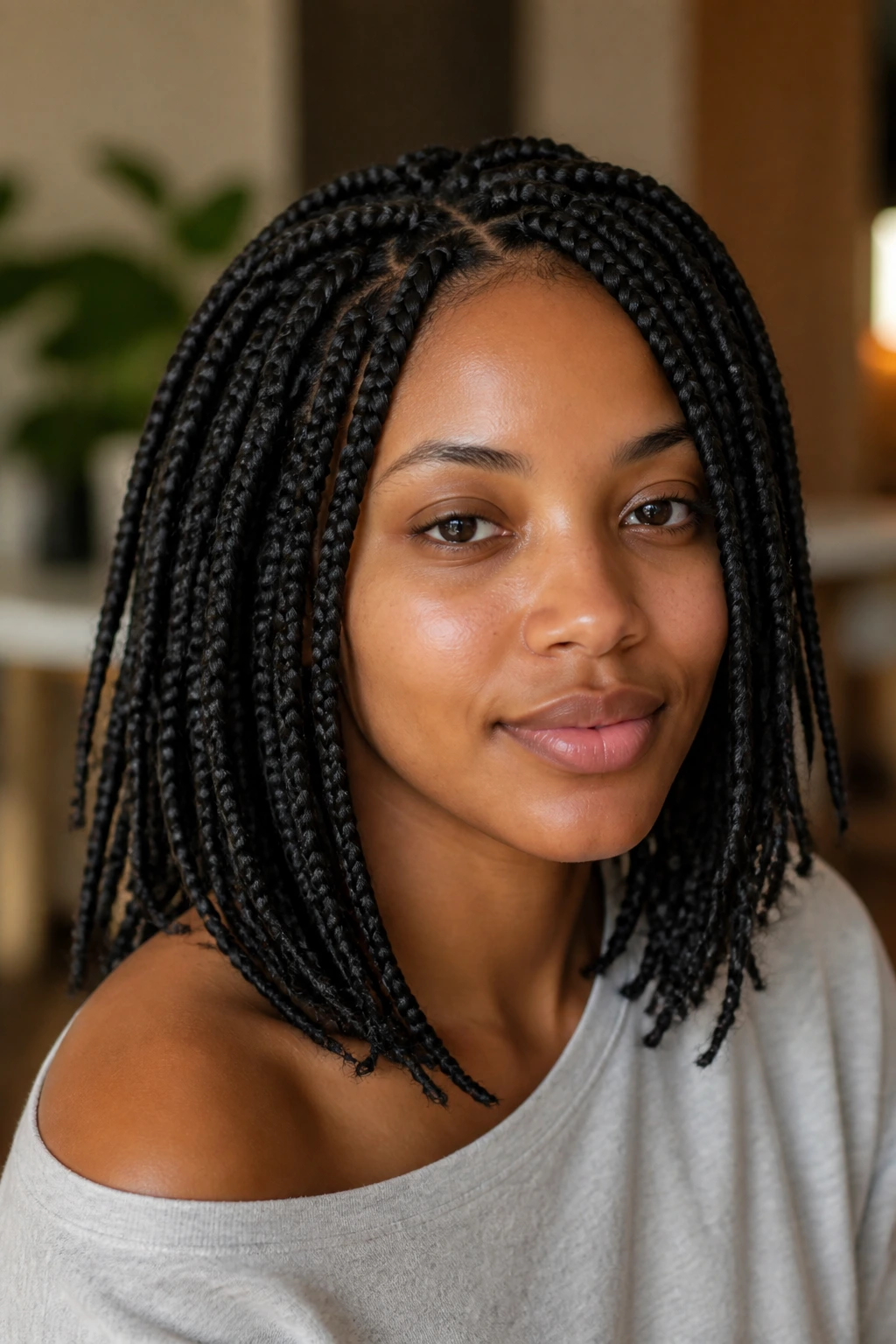 Portrait of a real woman with medium-length box braids in a cozy room