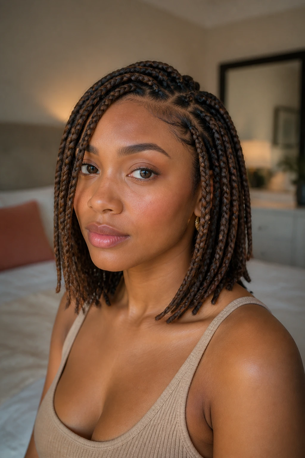 Close-up portrait of a real woman with medium-length braids in natural window light.
