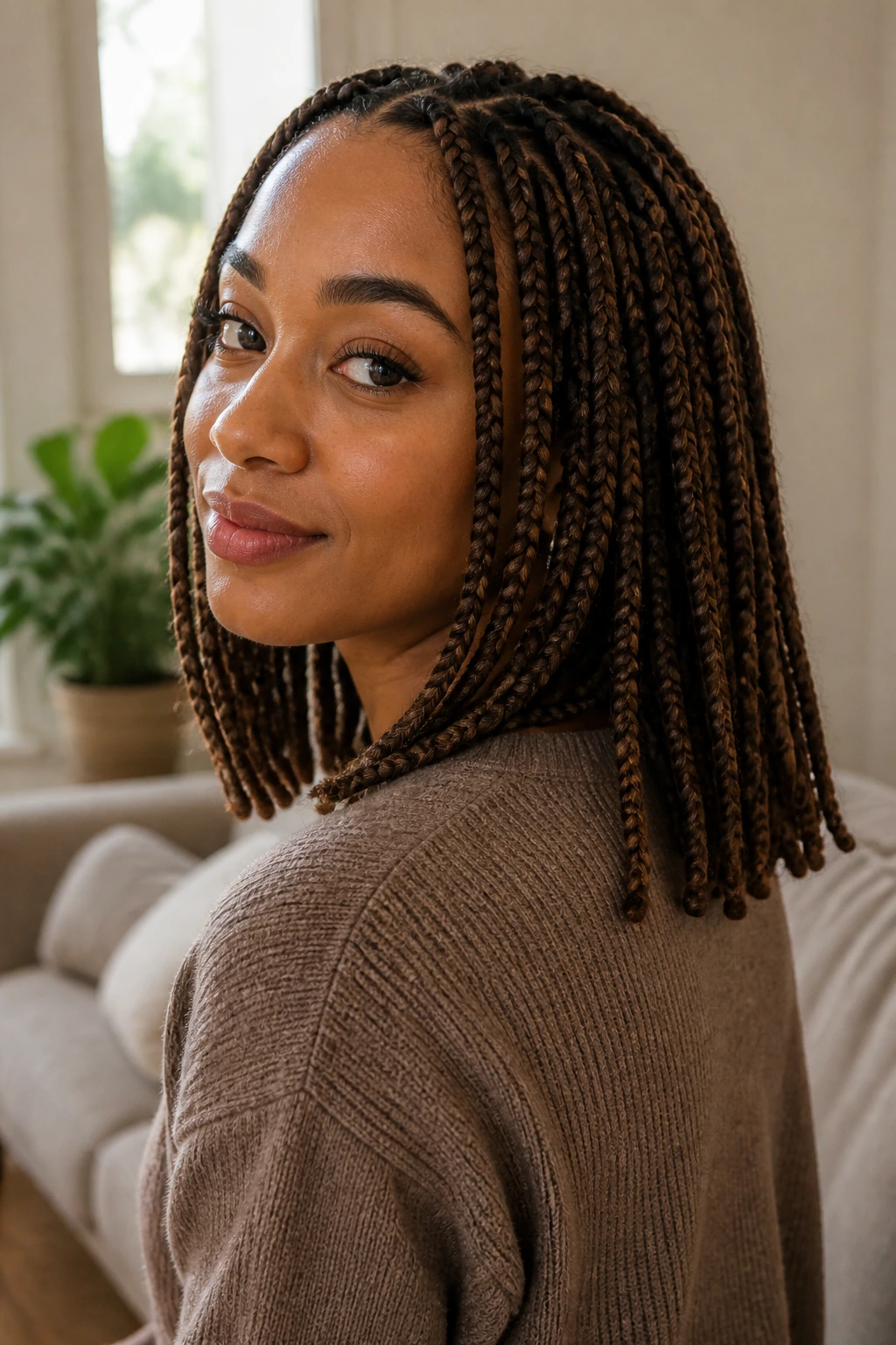 Close-up of a real person with medium-length braids around the shoulders