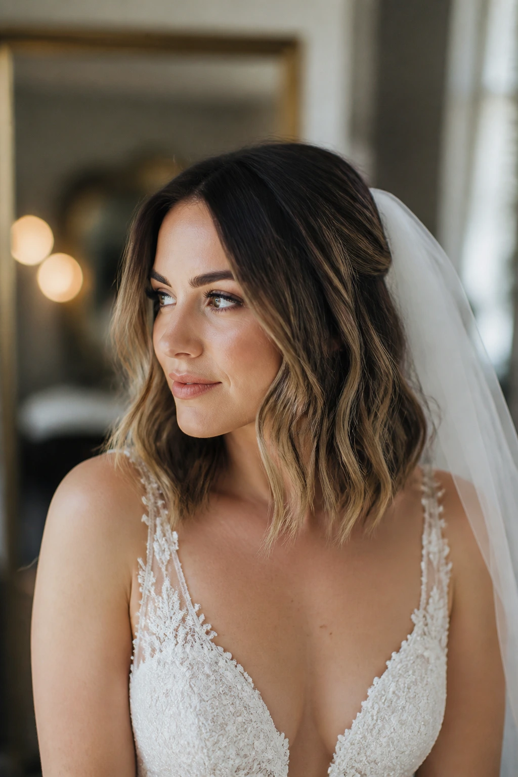 Close-up of a real bride with collarbone-length hair in soft waves