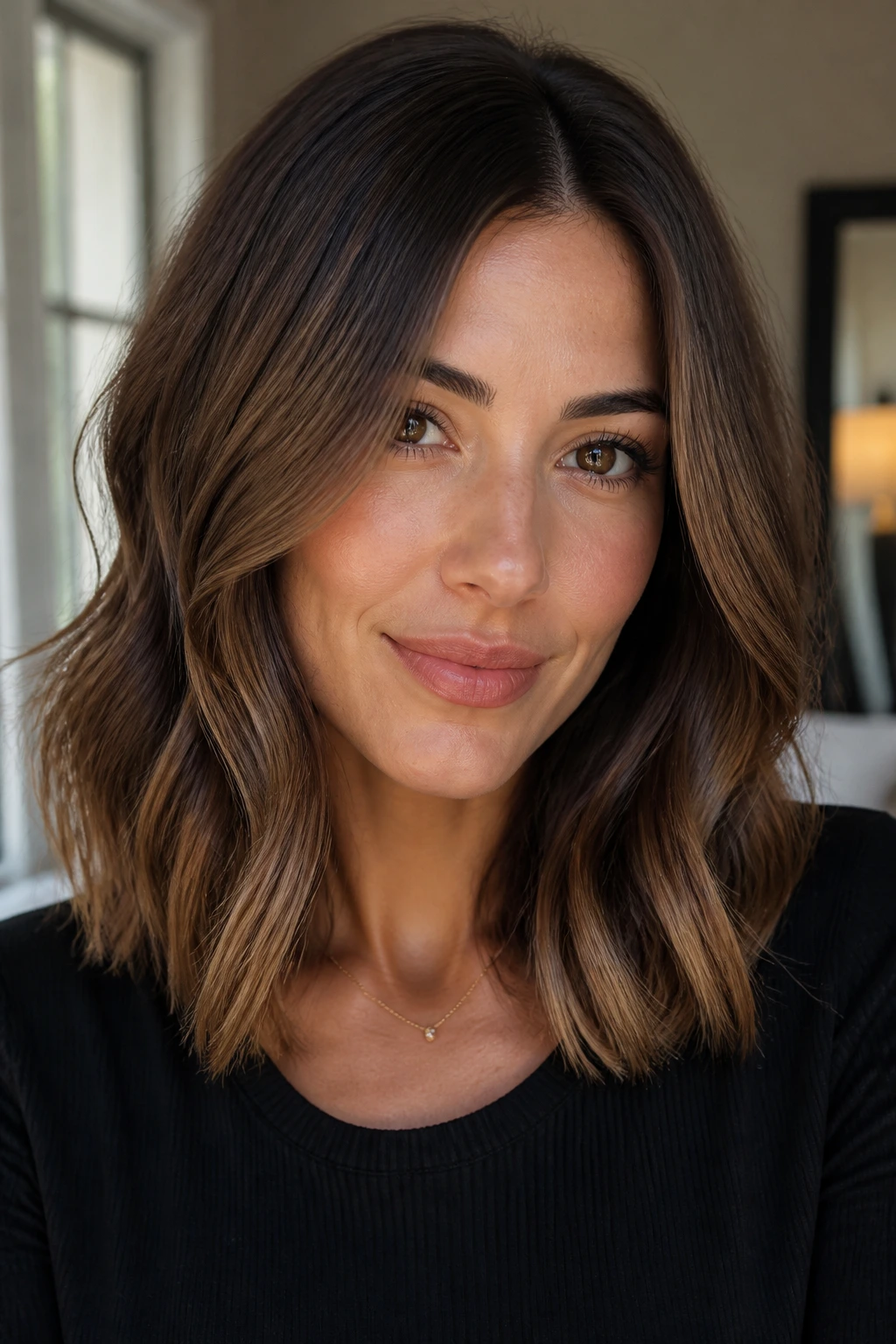 Portrait of a real person with shoulder-length brunette hair showing color depth