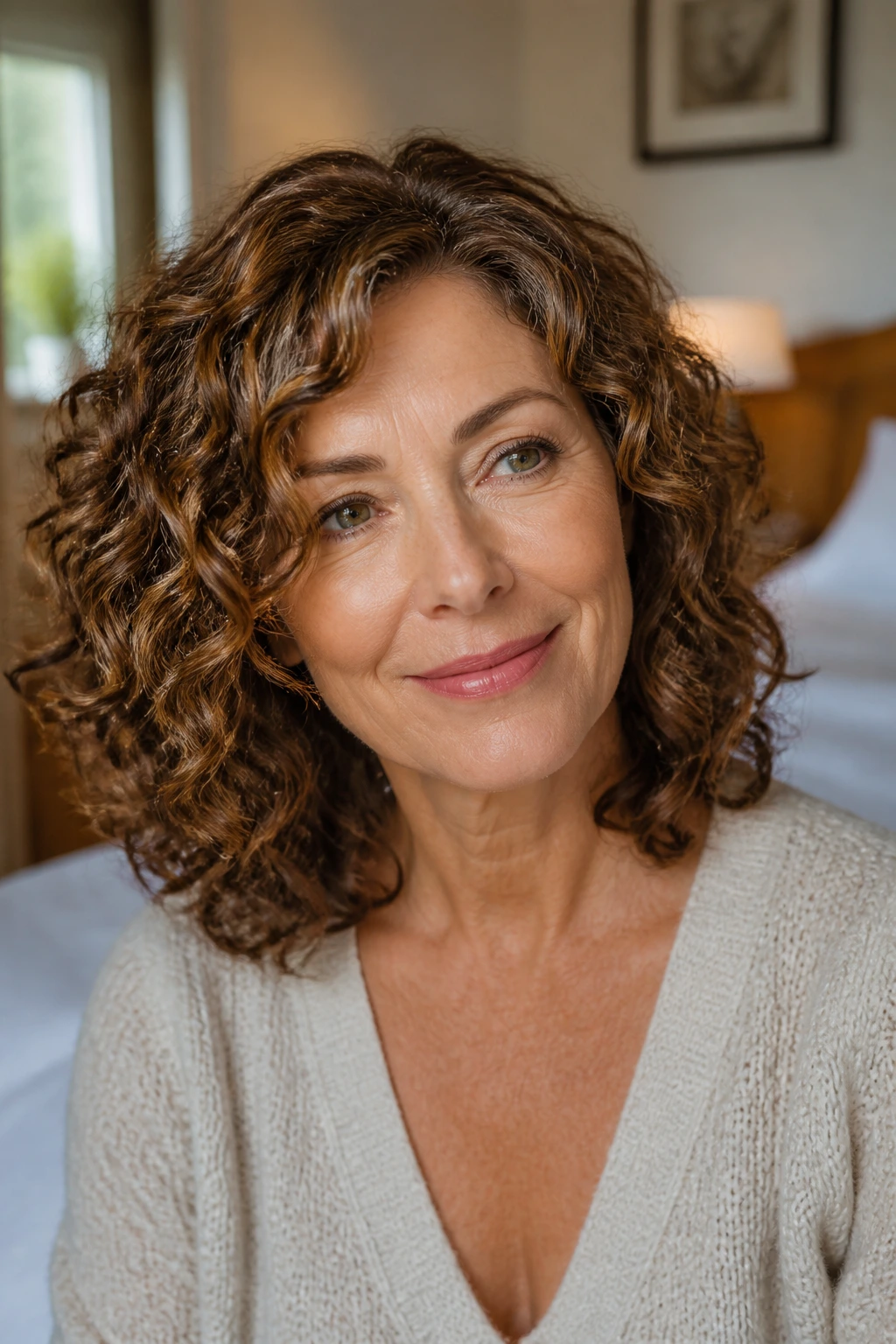Close-up portrait of a real woman with shoulder-length curls in warm bedroom light
