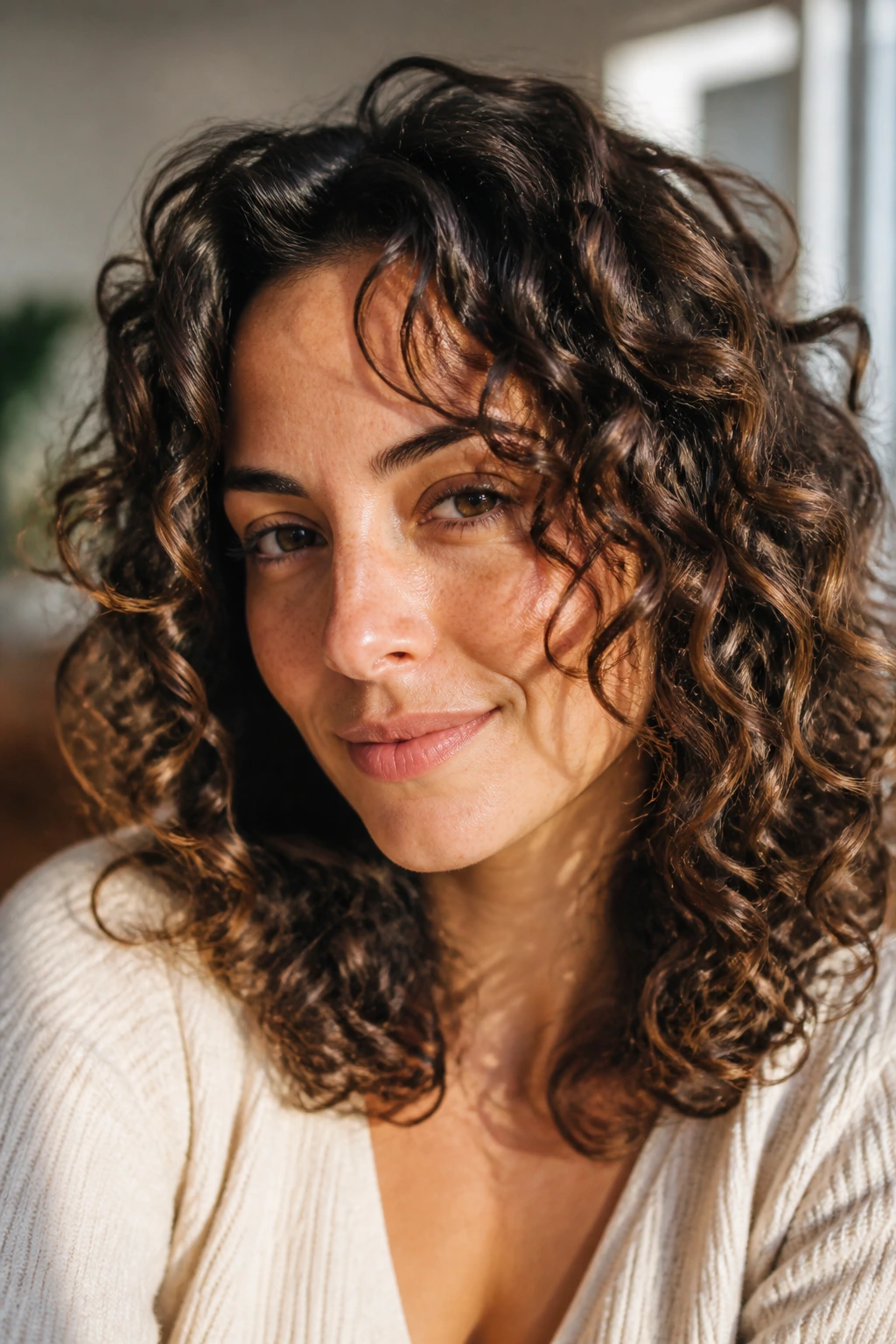 Close-up of a real woman with medium-length curls showing shape and movement