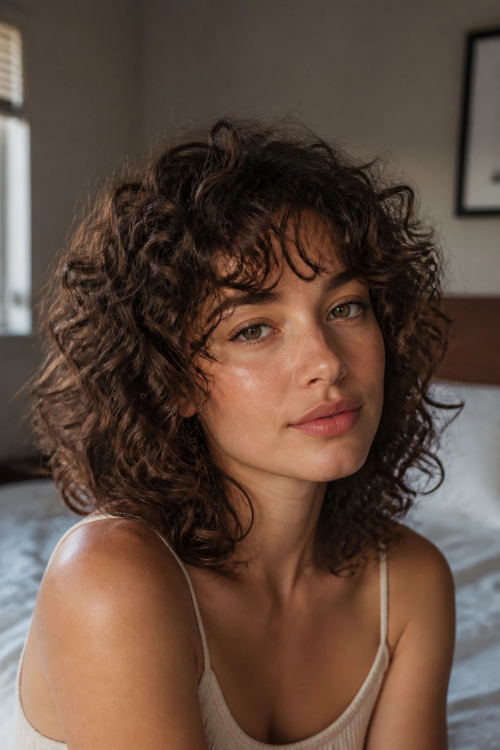 Close-up portrait of a real person with medium-length curly hair in a shag style