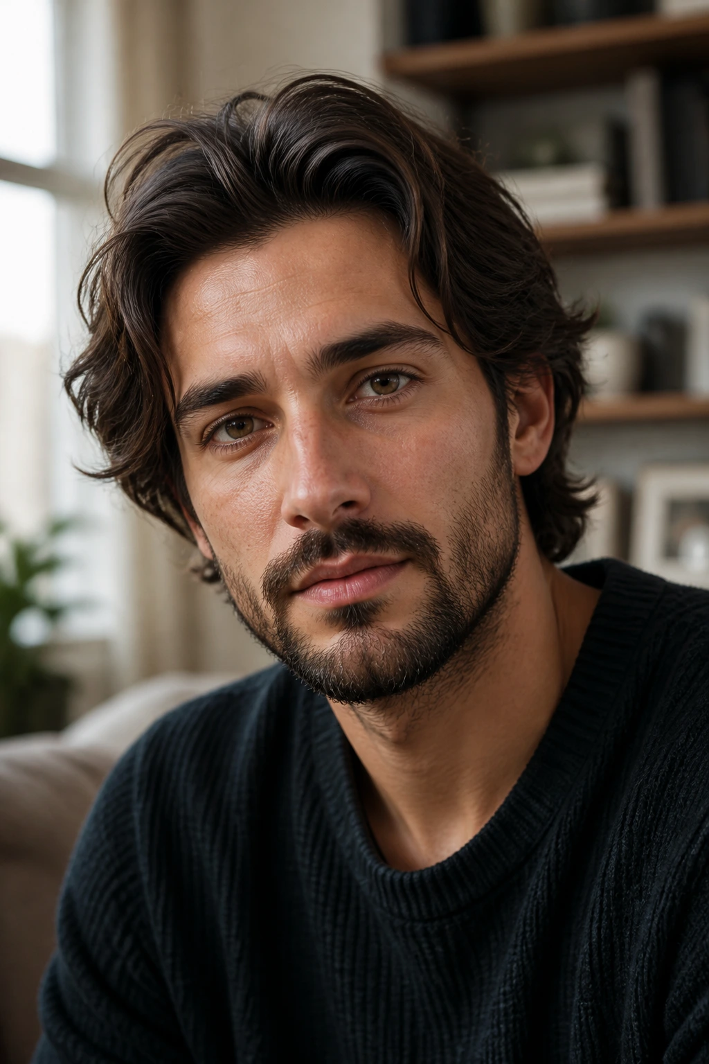 Close-up portrait of a man with medium-length hair showing versatile styling.