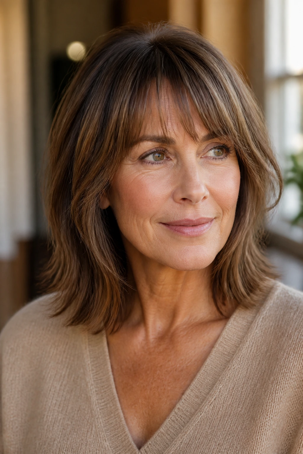 Portrait of a person with medium-length hair and bangs showing room to move