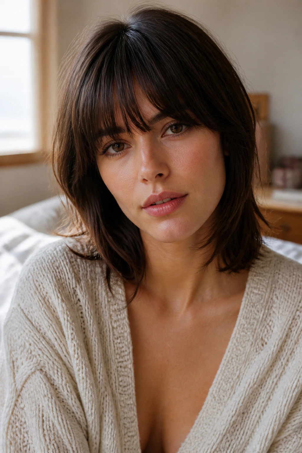 Close-up portrait of a real person with medium-length hair and bangs in warm window light