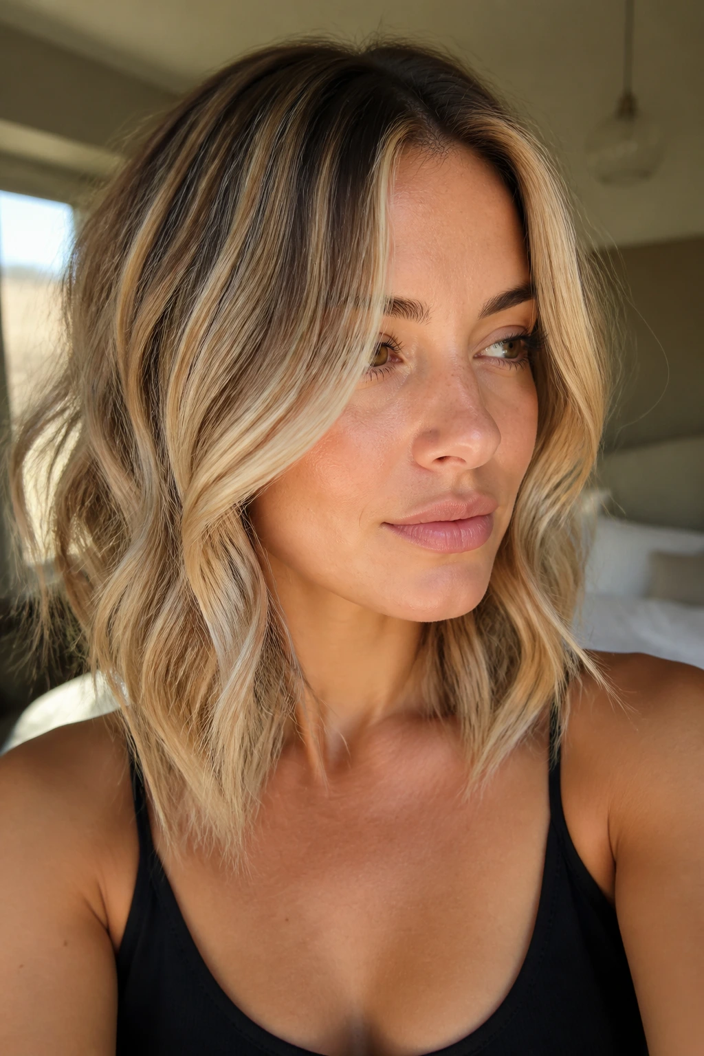 Close-up portrait of a real woman with shoulder-length blonde hair, subtle root shadow and balayage in warm window light