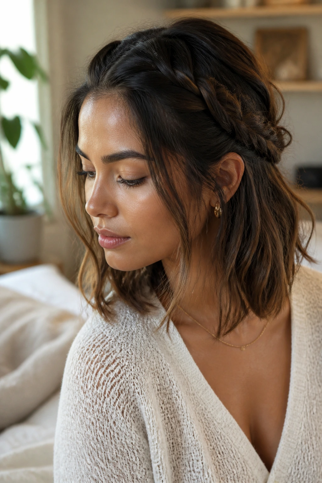 Close-up of real person with medium-length hair showing subtle braid detail