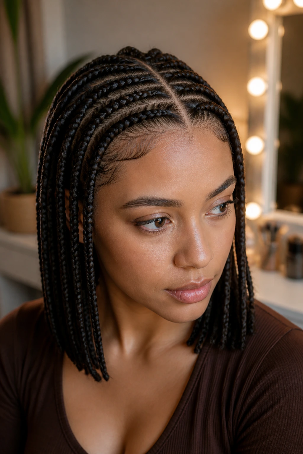 Close-up of a real woman with medium-length hair showing a crisp part and braided pattern.