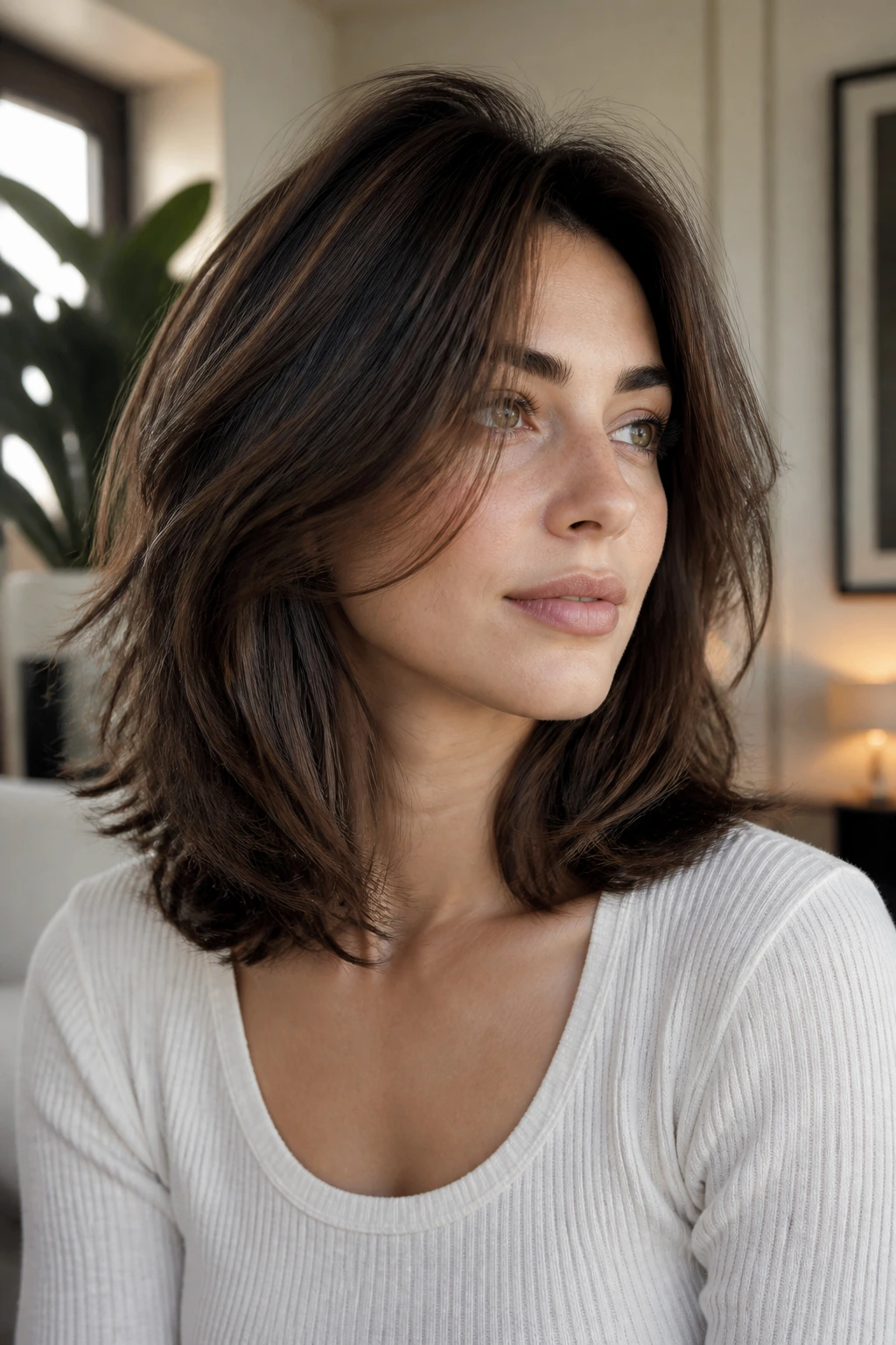 Close-up of a real woman with a mid-length cut that calms thick hair and adds shape