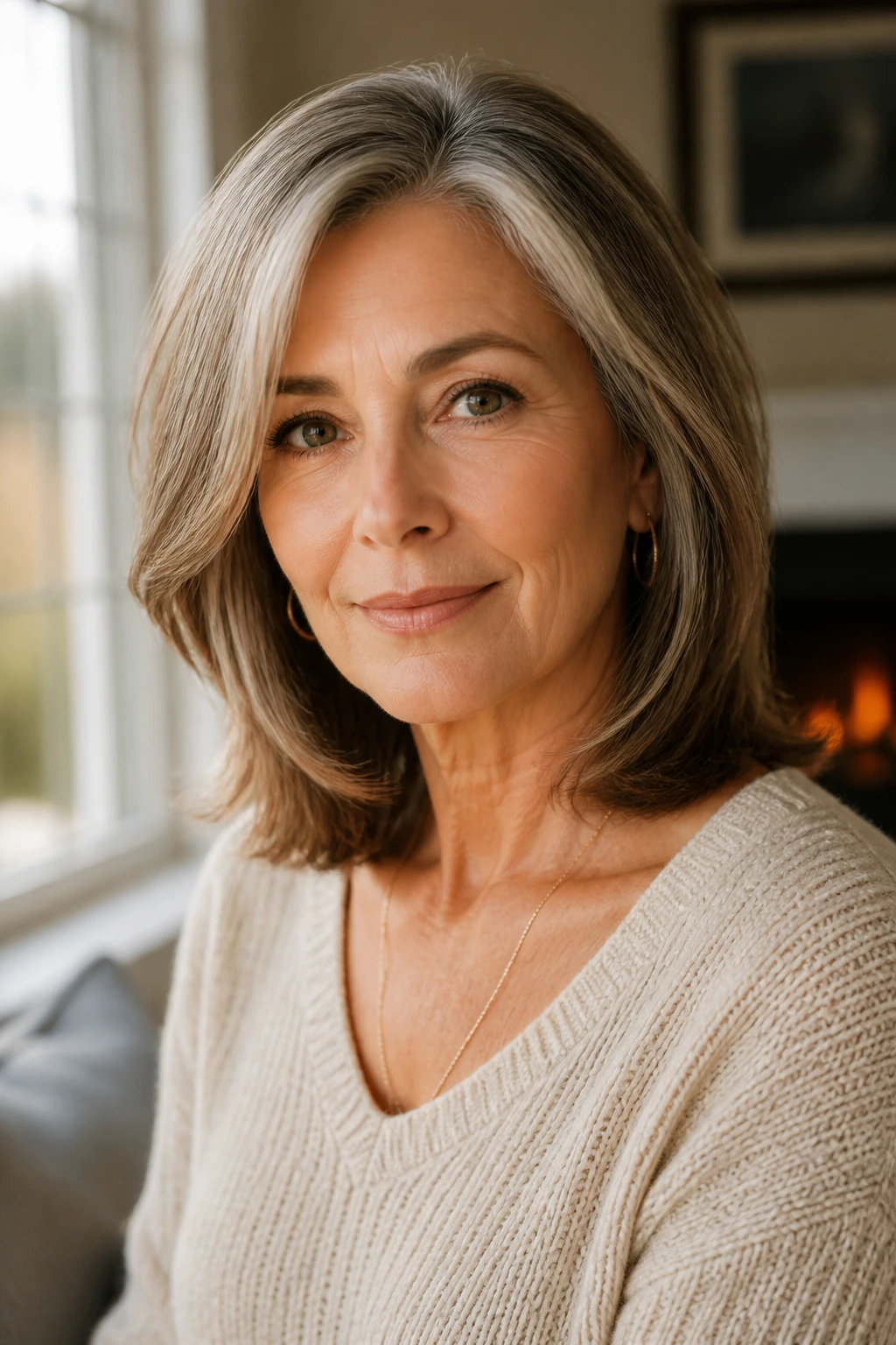 Close-up portrait of a woman with shoulder-length medium-length haircut in warm window light