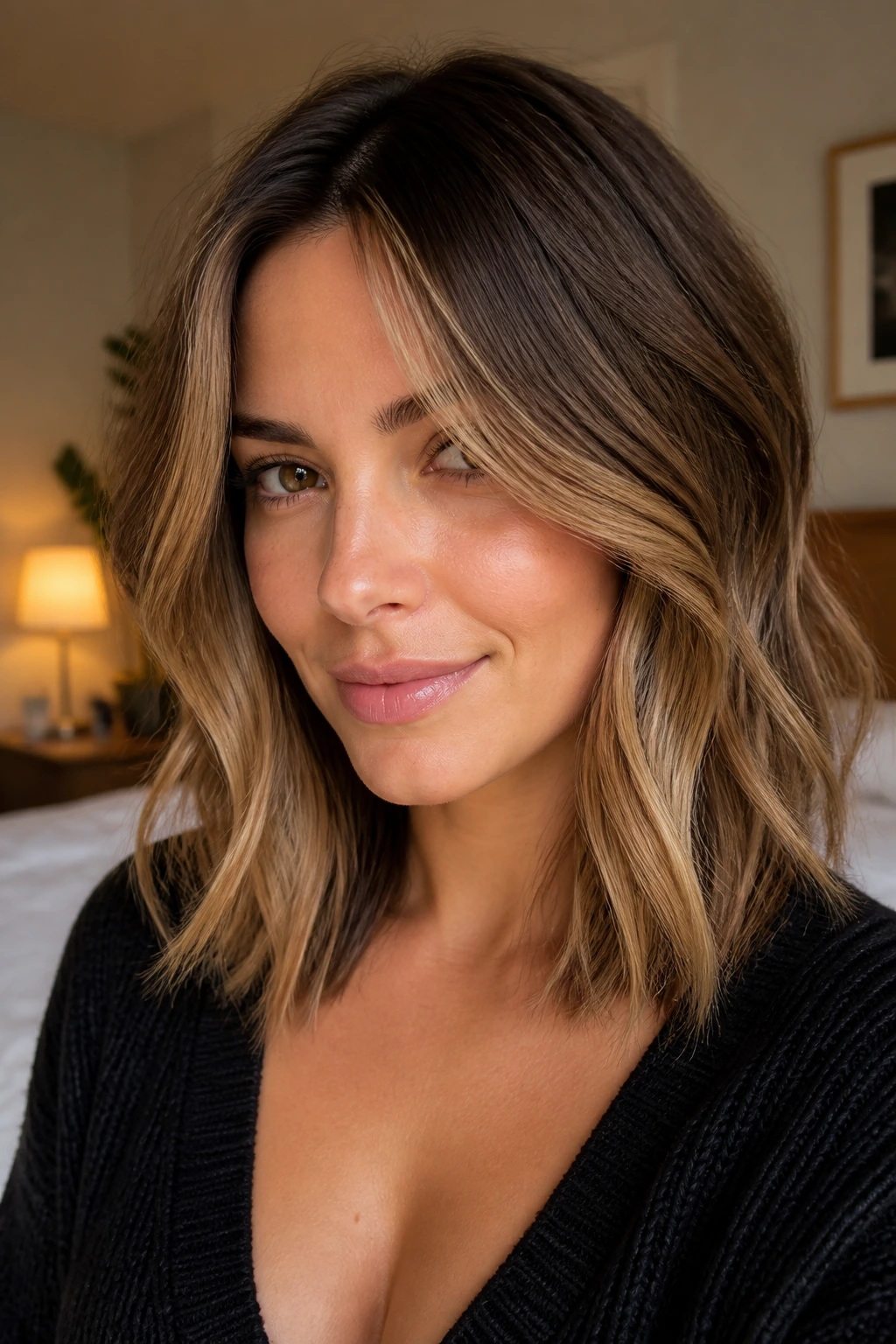 Close-up portrait of medium-length hair with caramel ribbons and shadow root on a real person.