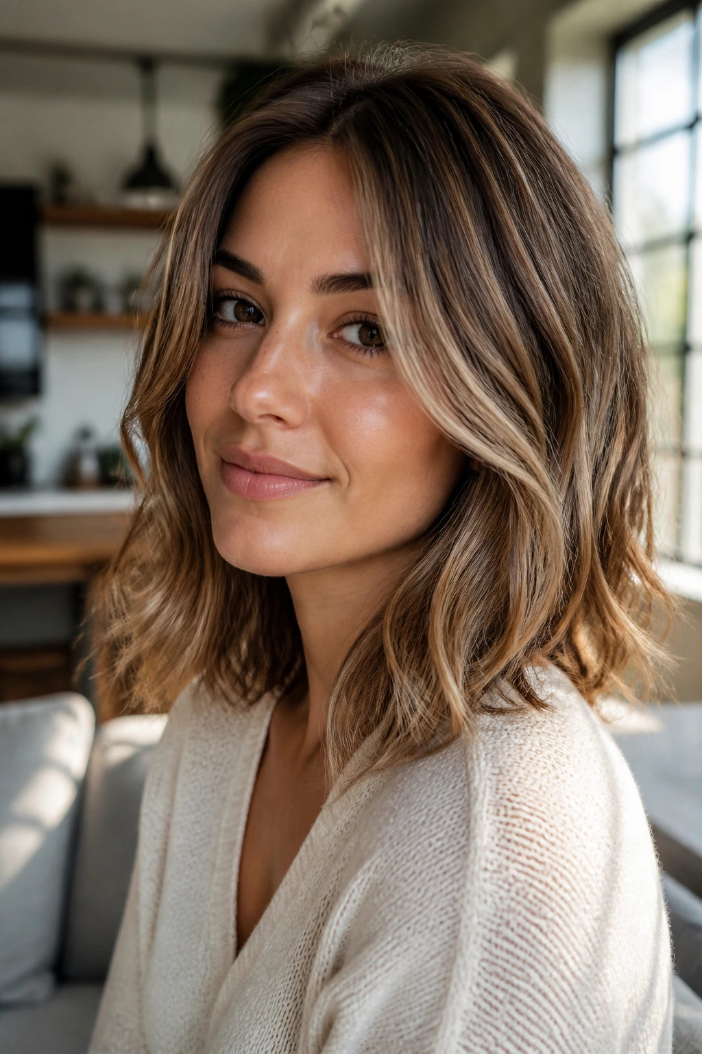 Close-up portrait of person with medium-length hair showing color placement around the face.
