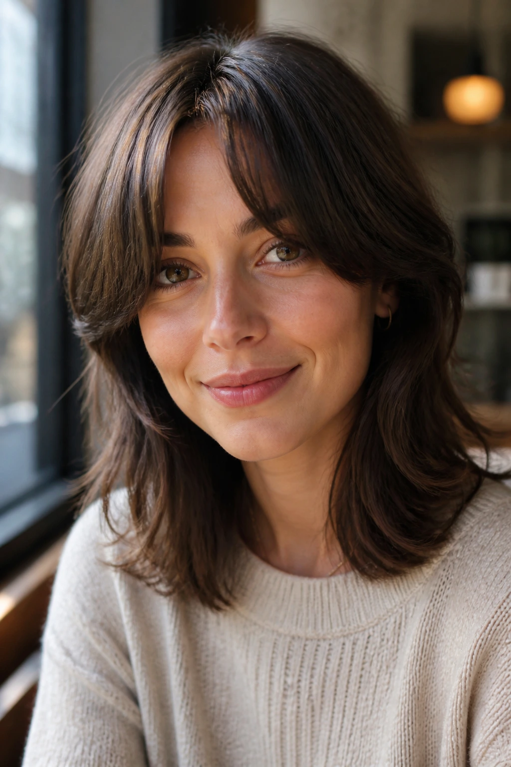 Portrait of a real person with shoulder-length hair and curtain bangs in natural light