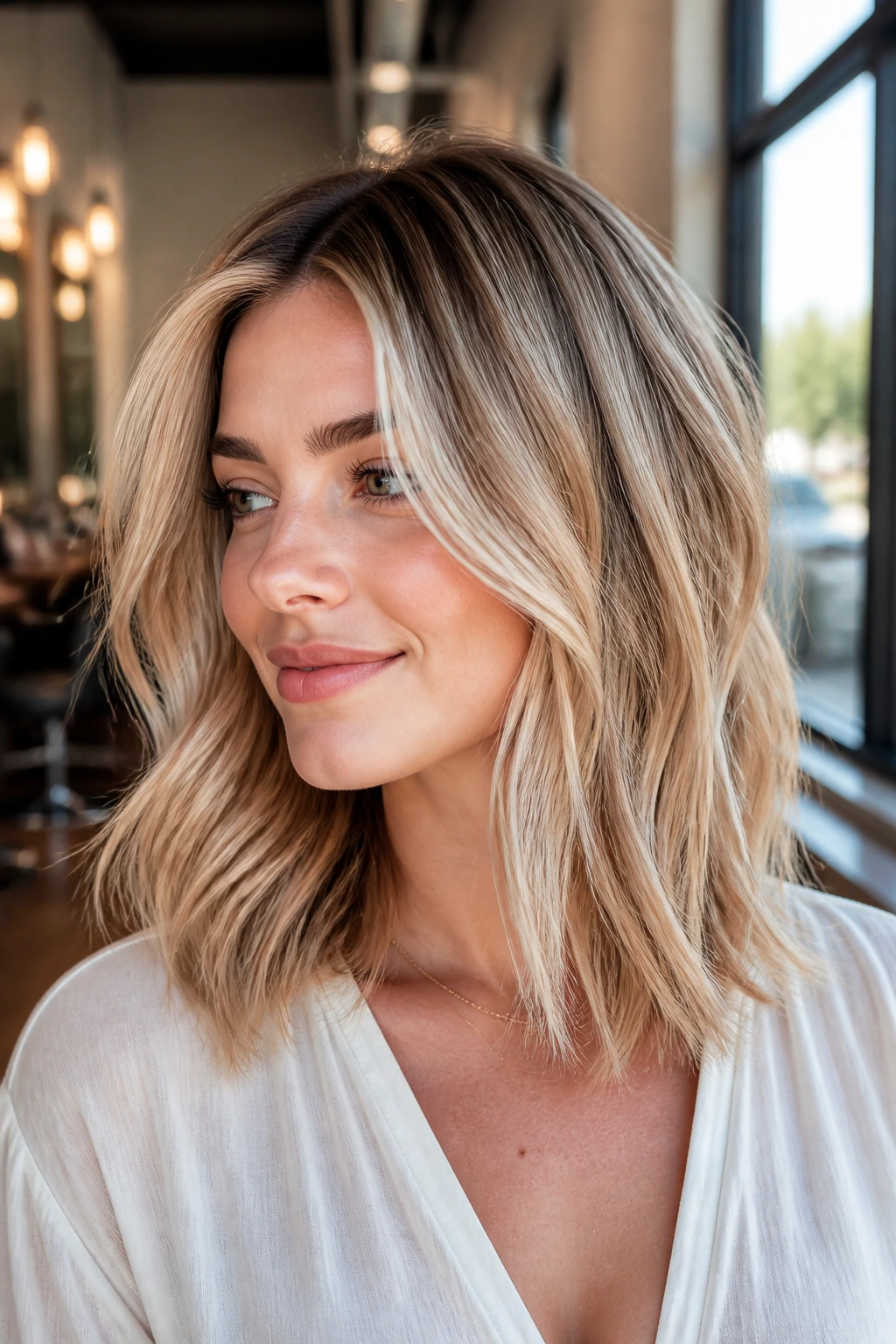 Close-up of a real woman with shoulder-length blonde hair showing dimensional root-to-end color