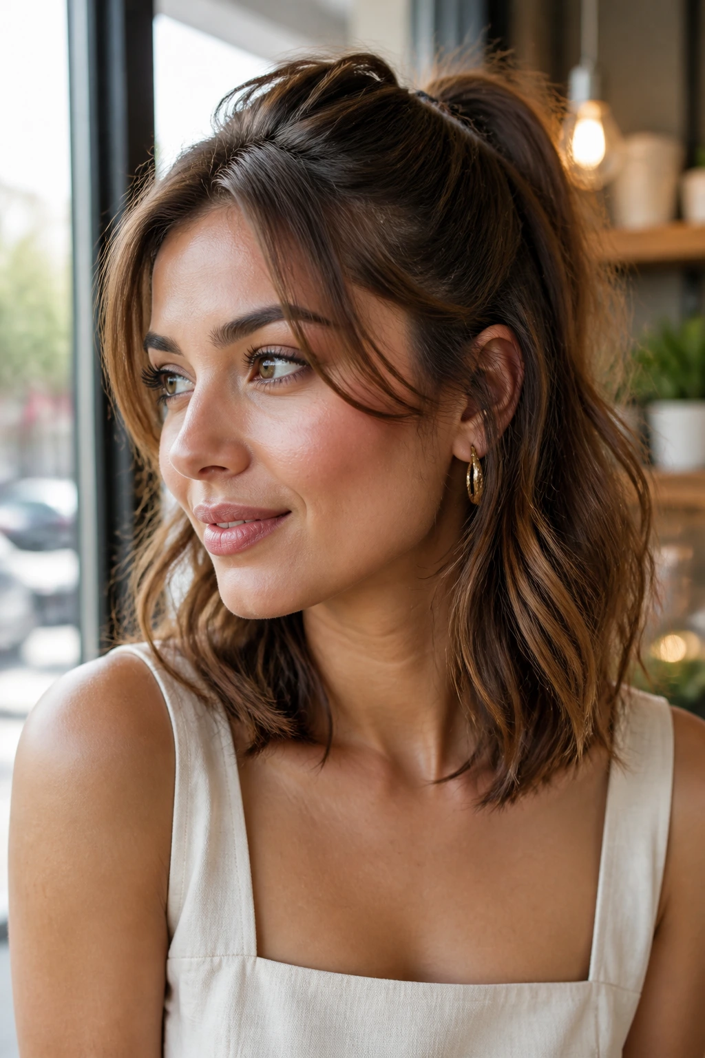Portrait of a real woman with a versatile half-up hairstyle in a sunlit cafe window.