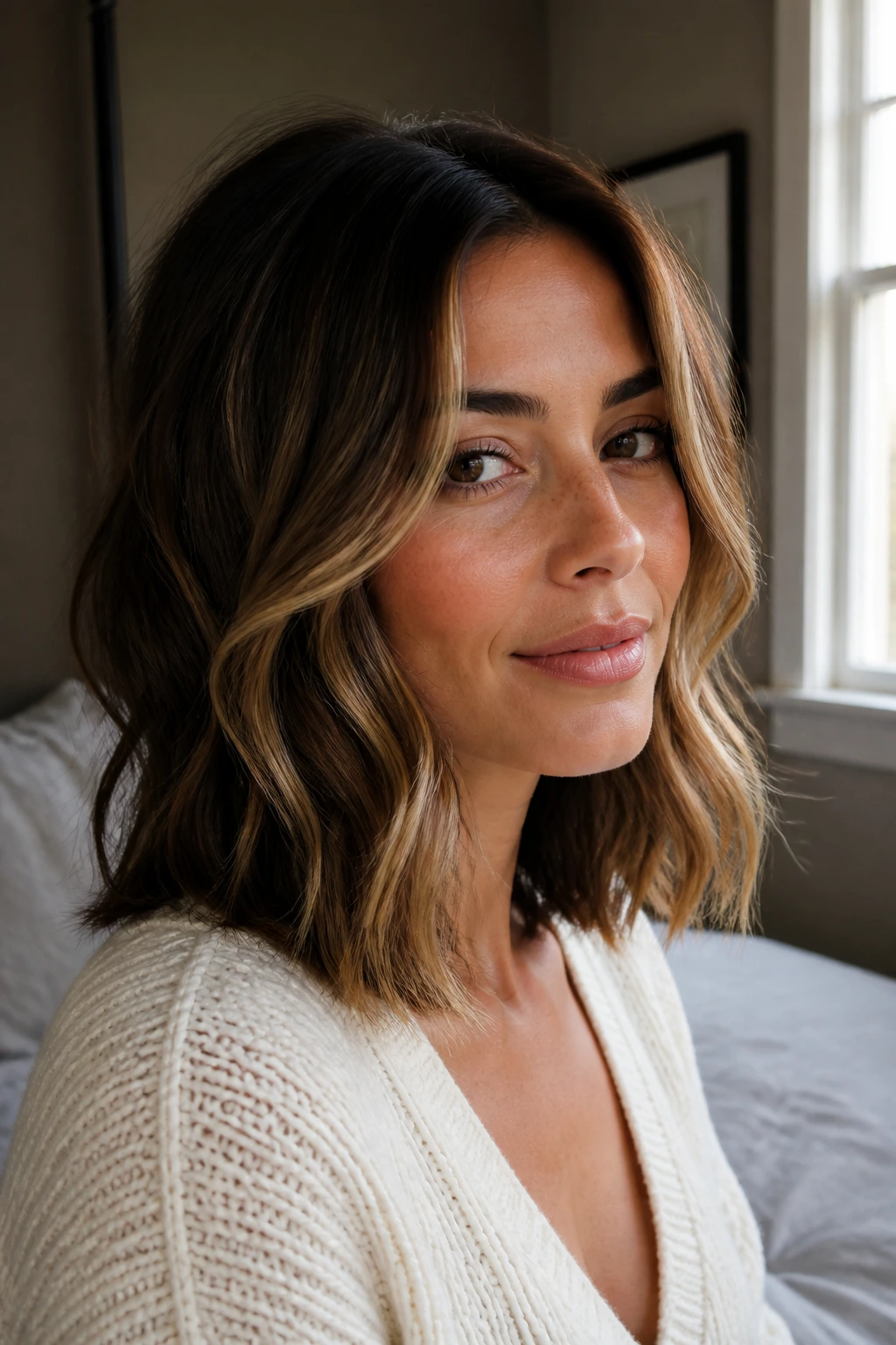 Close-up portrait of a real woman with medium-length hair and subtle front highlights.
