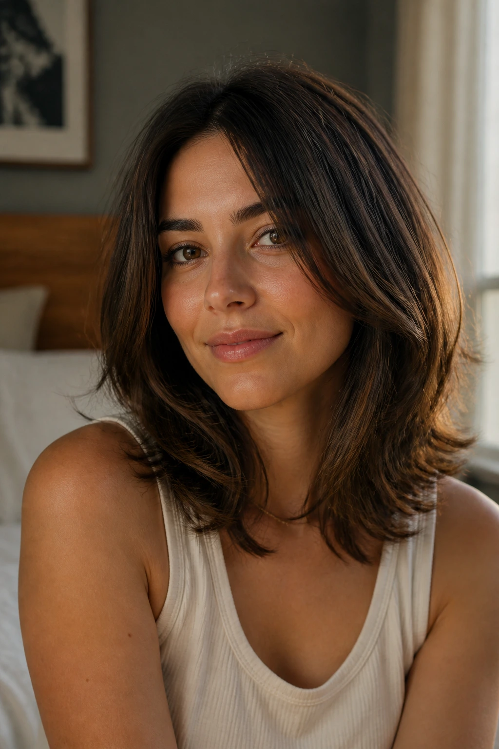 Close-up of a real woman with shoulder-length, layered hair showing bulk control for thick hair